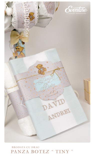 Trusou de botez brodat pentru baieti cu ursuleti si stele aurii, Tiny Teddy Bear 8
